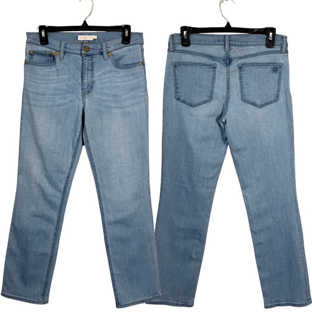 Tory Burch Straight Leg Denim Jeans Womens 28 Blue Stretch Logo Designer Classic